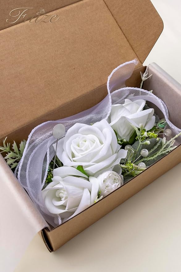 Fnize White Wrist Corsage and Boutonniere Set for Bride Groom Bridesmaids Groomsmen Wedding Homecoming Flowers Prom Suit Accessories, Rose Boutonniere and Corsage Wristlet Flower