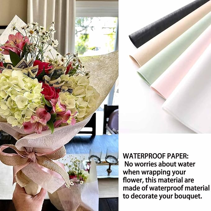 FAYADA Korean Cotton Flower Wrapping Paper Non-Woven Floral Bouquet Wraps Gift Packaging Florist Supplies 20 Sheets Florist Waterproof Flower Wrapping Paper for Fresh Flowers-22.8x22.8 Inch (Black)