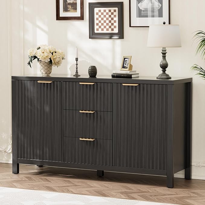 47.2" Fluted Sideboard Buffet Cabinet, Modern Black Credenza with 2 Drawers & 2 Doors, 3-Level Adjustable Shelves, Waterproof Top, Gold Handles, Kitchen Entryway Living Room Storage (Glossy Black)