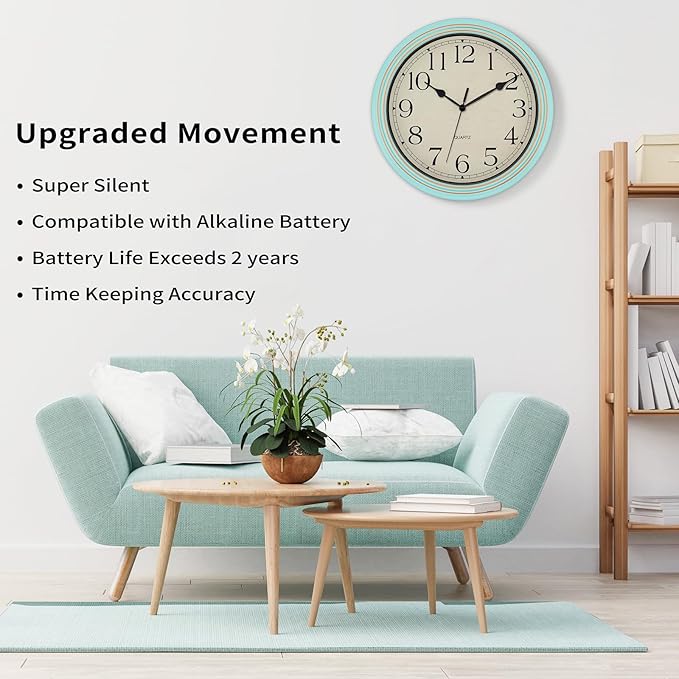 Foxtop 14 Inch Wall Clock Battery Operated Silent Non-Ticking Round Classic Vintage Retro Wall Clock Decorative for Living Room Kitchen Home Office (Light Turquoise)