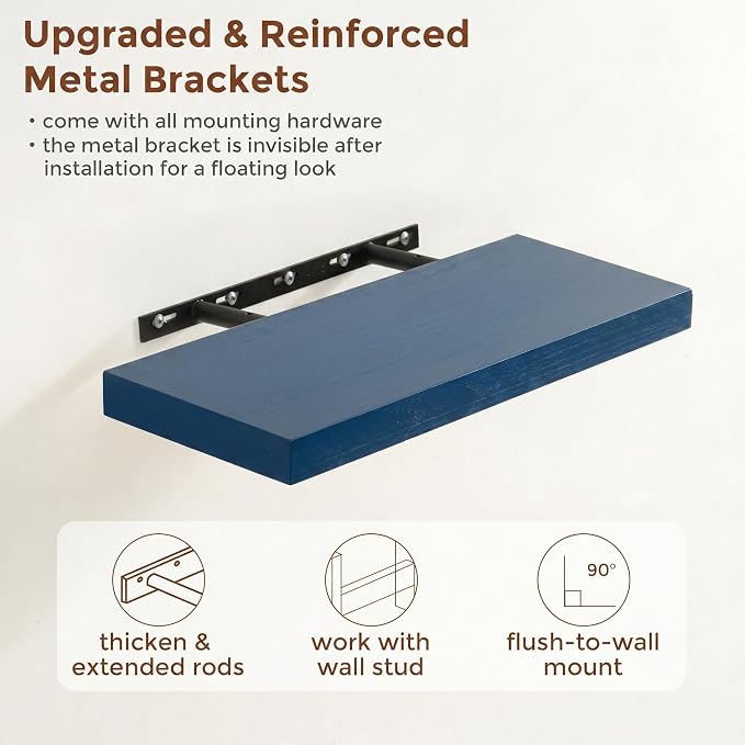 fuqing 20 Inch Floating Shelves | 6.7 Inch Deep Dark Blue Floating Shelves for Wall Set of 2 | 20''W x 6.7''D x 1.4''H Dark Blue Shelves for Living Room Bathroom Bedroom Kitchen Home Office