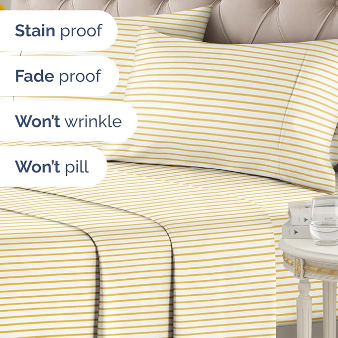 Yellow Striped Sheets - 1 Flat & 1 Fitted Sheet & 2 Pillowcases w/ Deep Pockets - Cozy, Wrinkle & Fade Resistant - Ultra-Soft, Comfy, Breathable & Cooling - Luxury Pinstripe Bedding - King Size