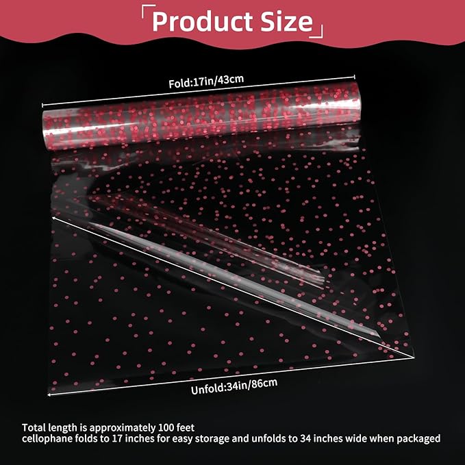 Motroce Clear Cellophane Wrap Roll, 100 Ft x 34 In Pink Dot Florist Paper Wrapper, Transparent 3Mil Thicker Cellophane Roll, Gift Baskets Wrap Cellophane Film for Gifts, Flowers, Christmas Wrapping