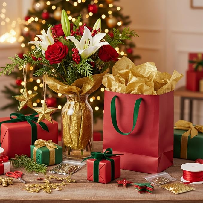 Qilery 500 Sheets Christmas Colored Tissue Paper Bulk 15 x 20 Inch Red Green Gold White Wrapping Paper for Gift Bags Acid Free Tissue for Christmas Craft Supplies, Bouquets, Garlands, Forming Pompoms