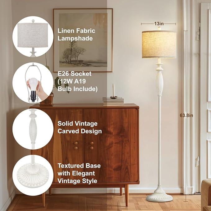 63.8" Vintage Floor Lamp with Rotary Switch, Dimmable Color Temperature Standing Lamp, Retro Farmhouse Floor Lamps for Living Room, Bedroom, Hallway, Office, Room Decor, Antique White (Bulb Included)