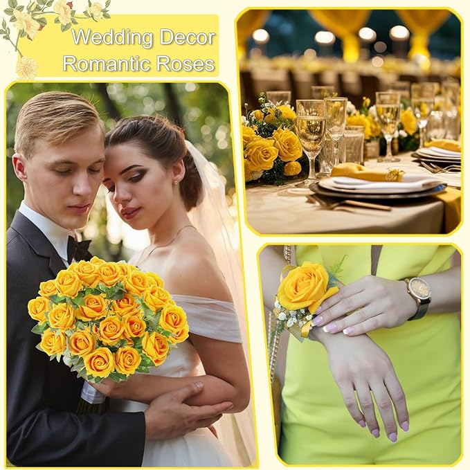 50Pcs Yellow Roses Artificial Flowers Fake Roses Faux Velvet Silk Flower for Home Wedding Decoration (Pearl Rose, Yellow)