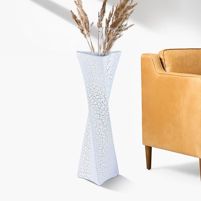 27.5 Inch (Ice Crack White) Tall Floor Vase for Home Decor - Modern Freestanding Vase with Textured Finish, Handmade Design for Pampas Grass, Artificial Flowers, Farmhouse Living Room Corner Décor