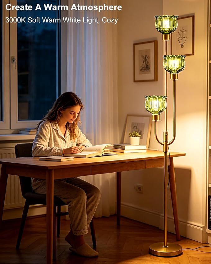 Lightdot 3-Lights Modern Glass Floor Lamp 66IN Gold Dimmable Floor Lamps with 3000K Warm White Bulbs for Wedding Party Tall Standing Lamp with Green Glass Shade for Living Room/Bedroom/Home Decor