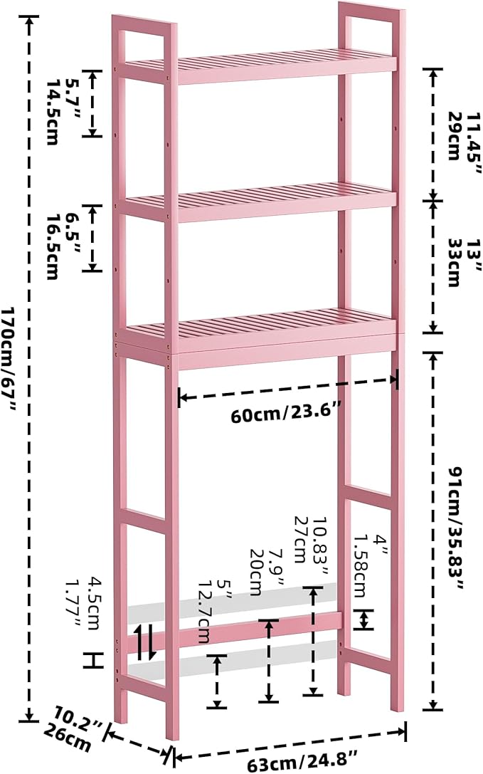 SMIBUY Bathroom Storage Shelf, Bamboo Over-The-Toilet Organizer Rack, Freestanding Toilet Space Saver with 3-Tier Adjustable Shelves (Pink)