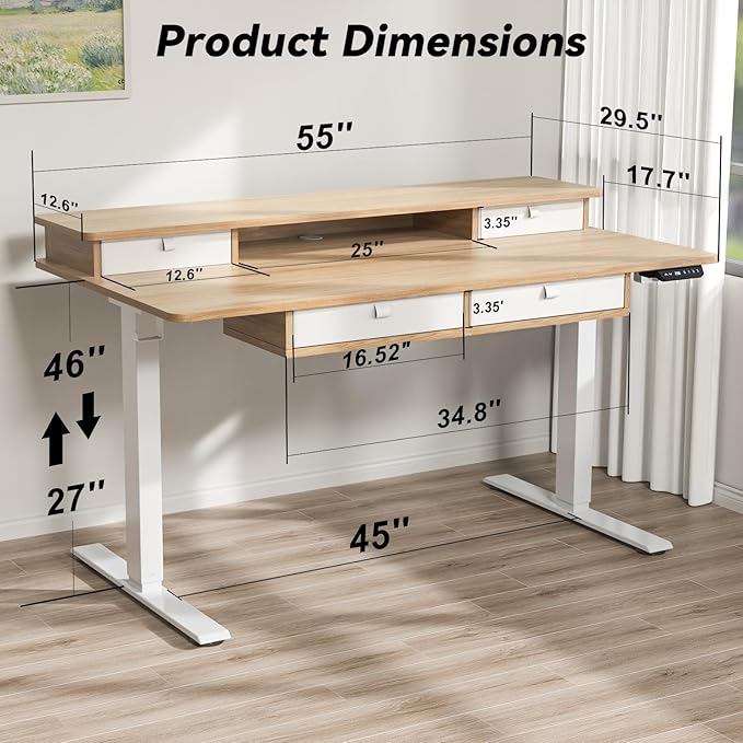FiCiHi Adjustable Height Standing Desk with 4 Drawers,55 x 30 inches Electric Sit Stand Home Office Desk with Two Tiers, 3 Memory Presets, Monitor Stand Riser, USB A/C Charging Port