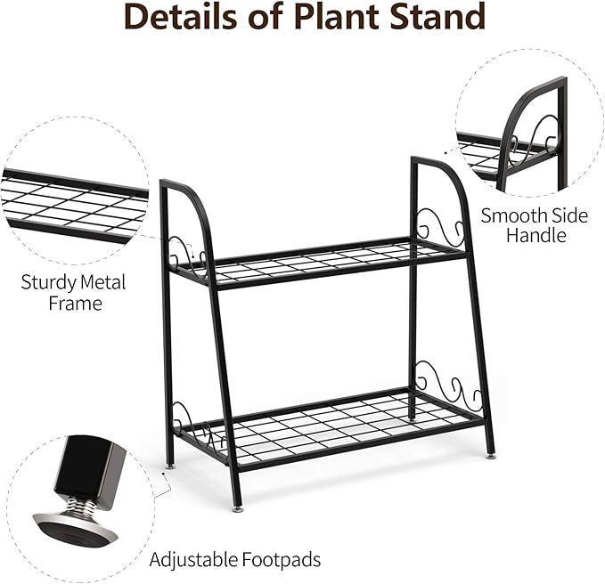 Giantex 2 Tier Metal Plant Stand, Indoor Outdoor Plant Shelf, Flower Rack Display Shelf, Flower Pots Holder with Adjustable Feet for Garden, Balcony, Living Room (2-tier (25'' x 12'' x 24.5''))