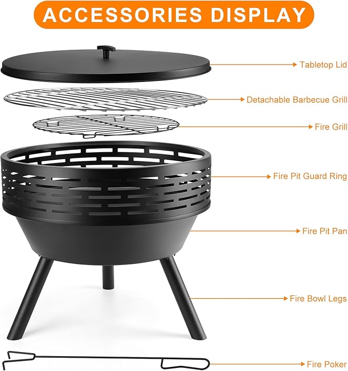 PWSOMJ 23 Inch Cast Iron Round Fire Pit with Grill, 3-in-1 Outdoor Fire Bowl, Fire Pit Table with Metal Lid and Fire Poker, Wood Burning Firepit for BBQ Bonfire Patio Picnic