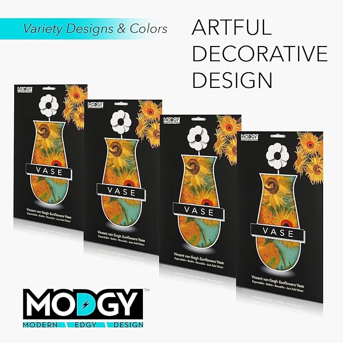 MODGY Expandable Flower Vase, Plastic Decorative Modern Foldable Printed Vases for Centerpieces for Wedding, Dining Table, Home Decor, Living Room, Bathroom, Office, Sunflowers, 4 Pack
