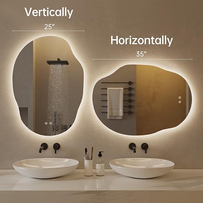 LOVESPEJO Irregular Backlit Mirror Bathroom 25x35 Inch, Asymmetrical LED Bathroom Mirror with Lights, Fogless, Dimmable, 3 Color Changing, Horizontal/Vertical