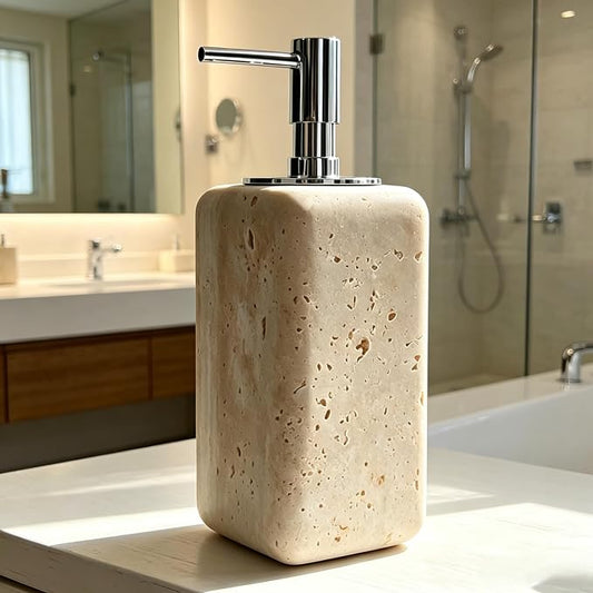 Ivory Travertine Soap Pump, Refillable Bathroom Liquid Dispenser with Aluminum Pump, Natural Organic Stone Hand Lotion Dispenser, Pump Bottle Dispenser for Bathroom and Kitchen Countertop