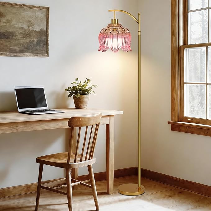 QIYIZM Pink Floor Lamp for Living Room,Bedroom,Glass Gold Dimmable Standing Lamp with Remote,Mid Century Modern Brass Tall Lamp Boho Floor Lamps Arc Stained Tulip Flower Floor Light Lamp Bohemian