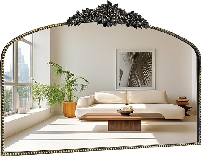 Antique Black Arched Mirror 48"x30", Victorian Vintage Black Mirrors with Ornate Metal Frame, Baroque Mirrors for Fireplace/Entryway/Dining Room/Living Room/Bathroom