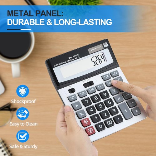 Desktop Calculator - 12-Digit with Extra Large LCD Display & Big Buttons for Office/School Use | Dual Power (Solar/Battery)