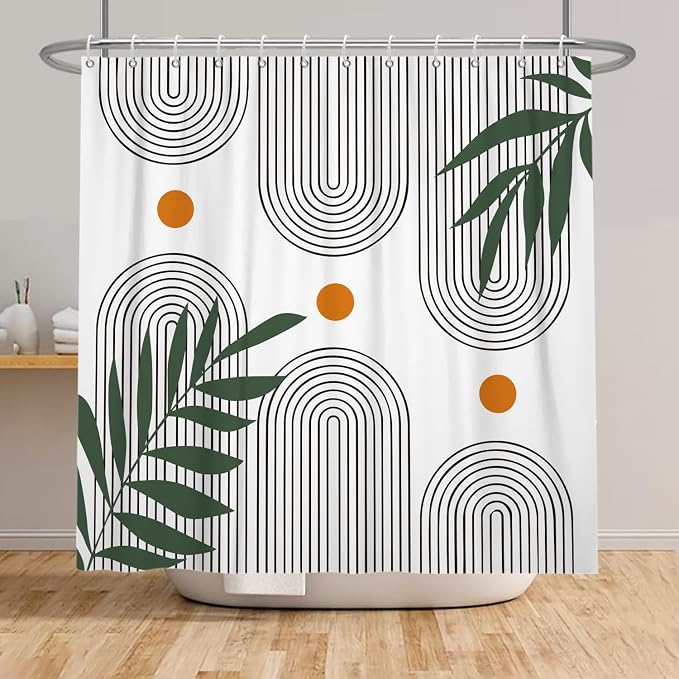 Boho Mid Century Shower Curtain Bohemian Minimalist Geometric Arch Sun Bathroom Curtain Sage Green Plant Polyester Shower Curtain Sets for Bathroom Extra Long 69x70 in with 12 Hooks
