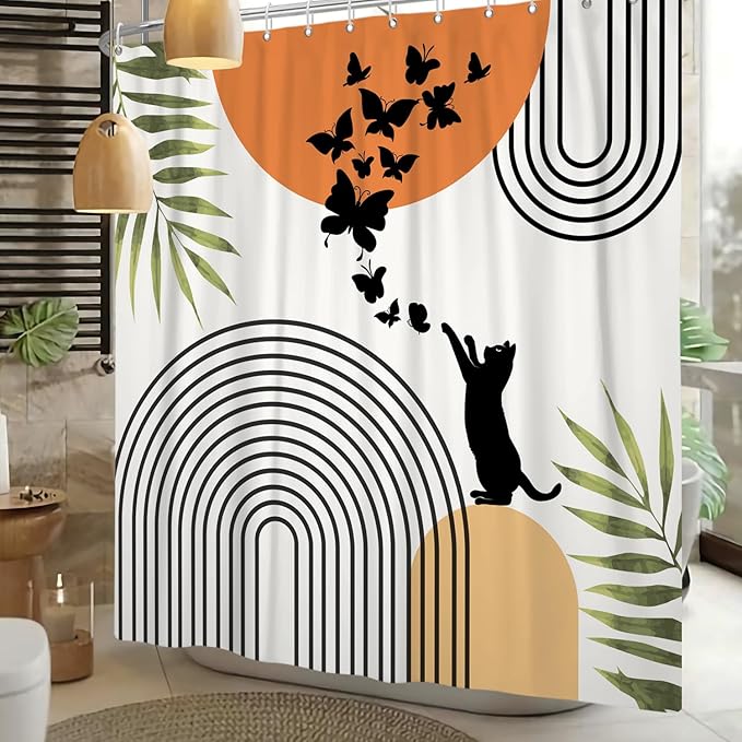 Mid Century Cat Shower Curtain Abstract Boho Geometric Minimalist Black Cat Butterflies Green Leaf Aesthetic Shower Curtain for Bathroom Decoration Accessories with Hooks 72x84 inch