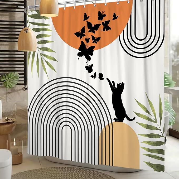 Mid Century Cat Shower Curtain Abstract Boho Geometric Minimalist Black Cat Butterflies Green Leaf Aesthetic Shower Curtain for Bathroom Decoration Accessories with Hooks 48x72 inch