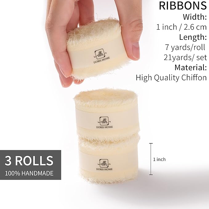 DORIS HOME 1" x21Yd Chiffon Ribbon for Flower Bouquet, Ivory Fabric Ribbon for Gift Wrapping, Handmade Frayed Ribbon for Wedding Invitations/Christmas Decorations