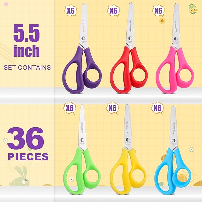BURVAGY 36Pack 5.5" Safety Small School Kids Student Round Blunt Tip Craft Scissors Bulk, Stainless Steel Blades Comfort Grip Scissors for Kid Children Kindergarten Cutting Paper
