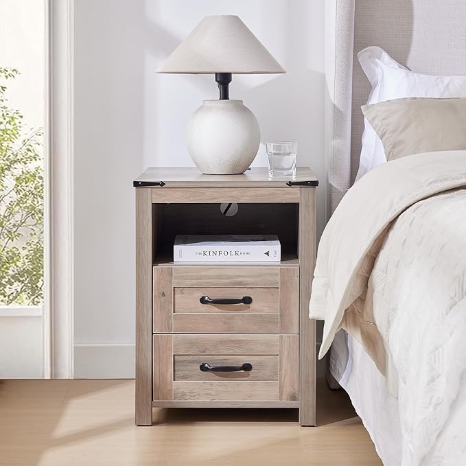 Farmhouse Night Stand, Rustic Sierra Nightstand for Bedroom, End Tables with Charging Station, Bedside Table with Drawers, Wood Bedside Cabinet Dresser