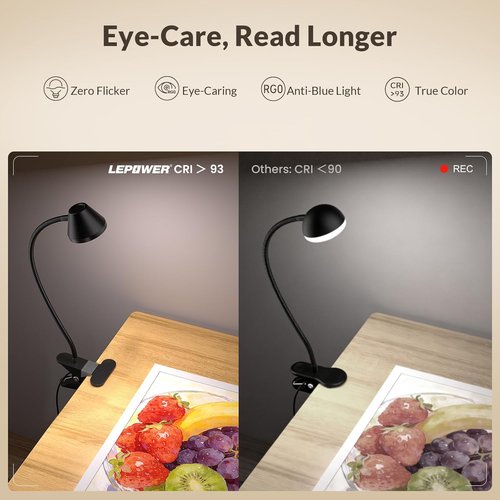 LEPOWER Clip-On Light - 7W Eye-Care Reading Light with Stepless Dimming & Auto Timer | Black, 5 Colors Available