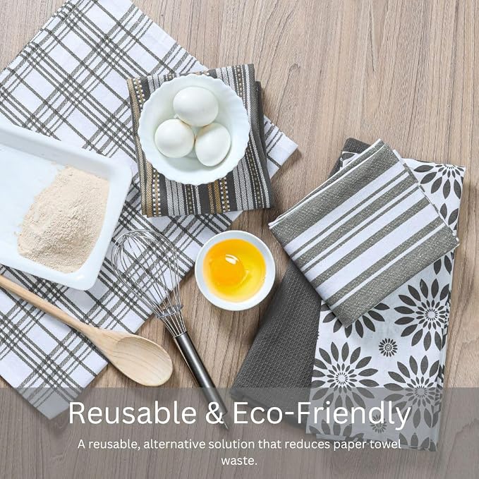 WeWove Assorted Kitchen Towels Set of 5-100% Cotton Dish Cloths Towels with Hanging Loop - Soft Absorbent Washable Reusable for Kitchen Use - Quick Drying 16x26 inch Dish Towels Grey