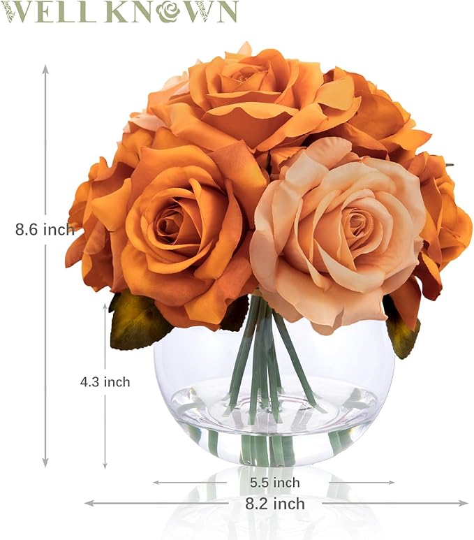 Artificial Flowers Arrangements in Vase with Faux Water, Artificial Orange Silk Rose Bouquet with Vase for Winter Seasonal Home Christmas Wedding Party Centerpieces Decor & Gift (Orange Champagne)