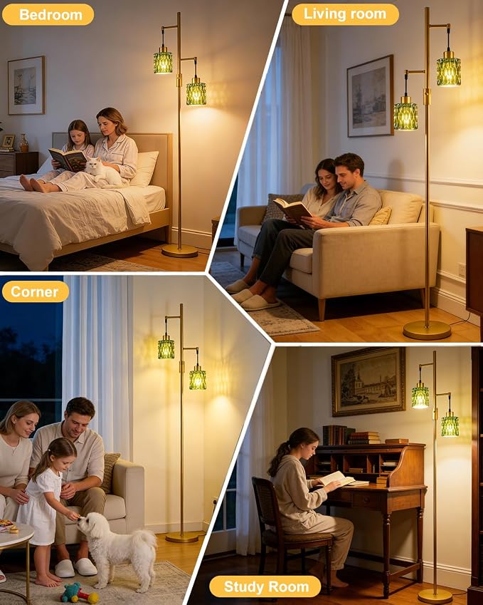 Lightdot 65IN Industrial Gold Floor Lamp for Living Room, 2- Light Green Glass Floor Lamps with Warm White Bulbs, Modern Farmhouse Tree Standing Tall Lamp with 5Lbs Heavy Base for Bedroom Home Office