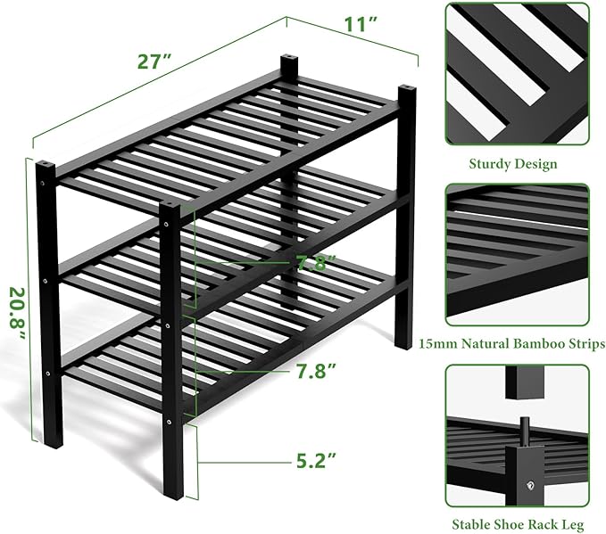 RONGJlA 3 Tier Bamboo Shoe Rack for Closet Free Standing Wood Shoe Shelf Storage Organizer for Entryway Small Space Stackable, Black
