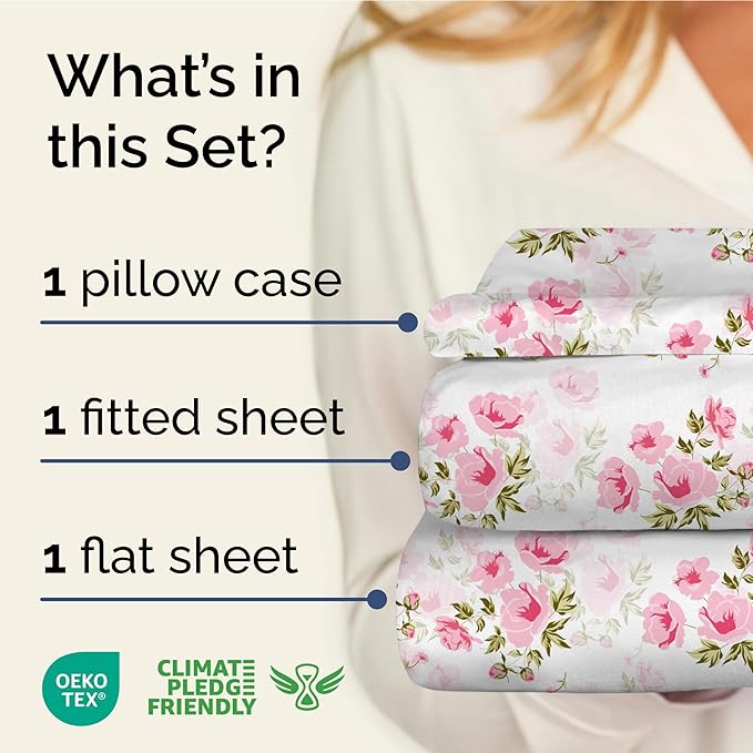 Floral Sheets - Pink Floral Bed Sheet Set - 1 Flat, 1 Fitted & 1 Pillowcase w/ Deep Pockets - Comfy, Wrinkle & Fade Free - Boho Botanical Bedding - Ultra-Soft, Breathable & Cooling - Twin XL Size Set