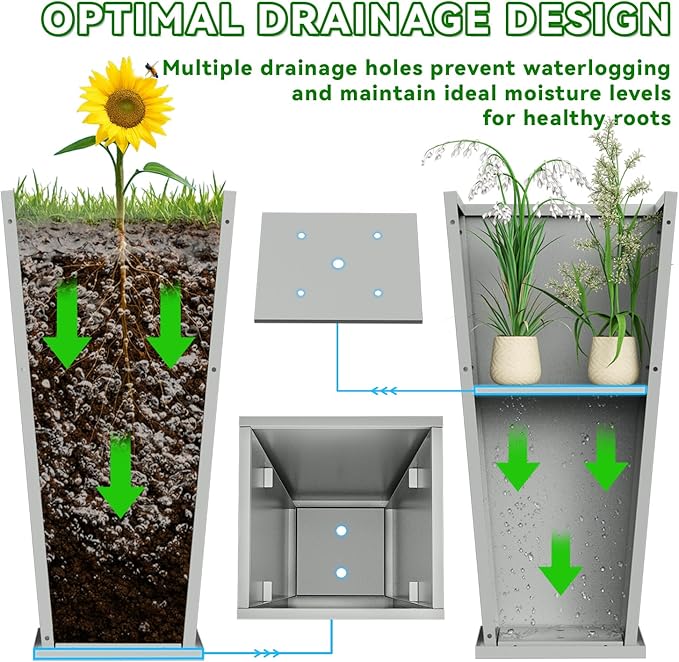 Metal Planter 2 Pack, 15L x 15W x 30H, Heavy Duty Tall Planters for Outdoor Plants, Planters with Removable Insert Shelf, Large Planters with Drainage Holes for Porch, Patio, Grey