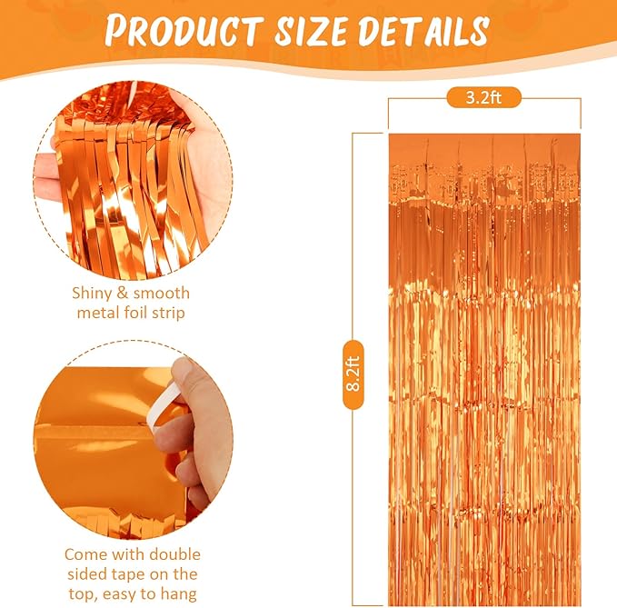 2 Pack 3.2x8.2 Feet Orange Foil Fringe Backdrop Curtains, Metallic Tinsel Photo Booth Backdrop Streamers Birthday Party Decorations, Halloween Baby Shower Disco Basketball Party Supplies
