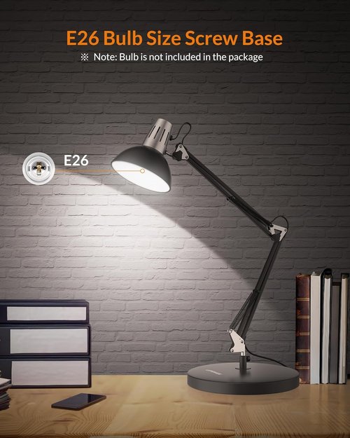 LEPOWER Adjustable Metal Desk Lamp - Eye-Caring Architect Lamp with Clamp for Home & Office (Black)