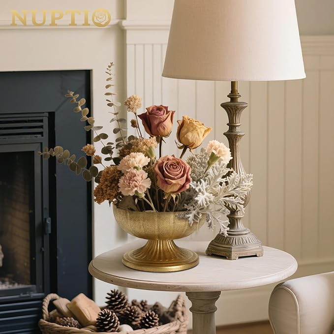 NUPTIO Distressed Gold Vases for Centerpieces: Rustic Brass Compote Vases for Flowers - Metal Pedestal Bowl Decor for Wedding Table Home Set of 10