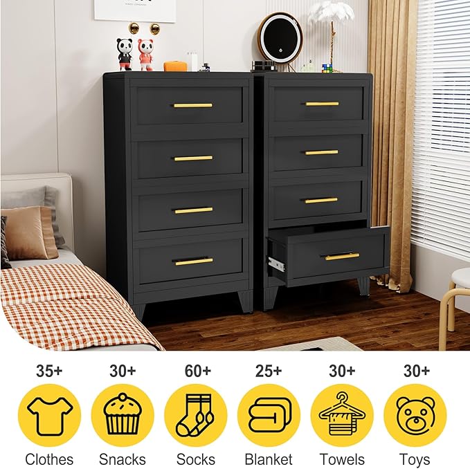 4 Drawers Tall Black Dresser for Bedroom, 44.45" Metal Dressers & Chests of Drawers Curved Corner Design, Storage Organizer Drawer Chest with Large Capacity for Living Room, Entryway, Hallway