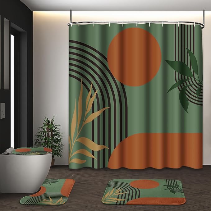 Boho Mid Century Shower Curtain Set with Toilet Lid Cover and Non-Slip Rugs, Green Background 4 Pcs Modern Minimalist Shower Curtain for Bathroom Set with 12 Hooks