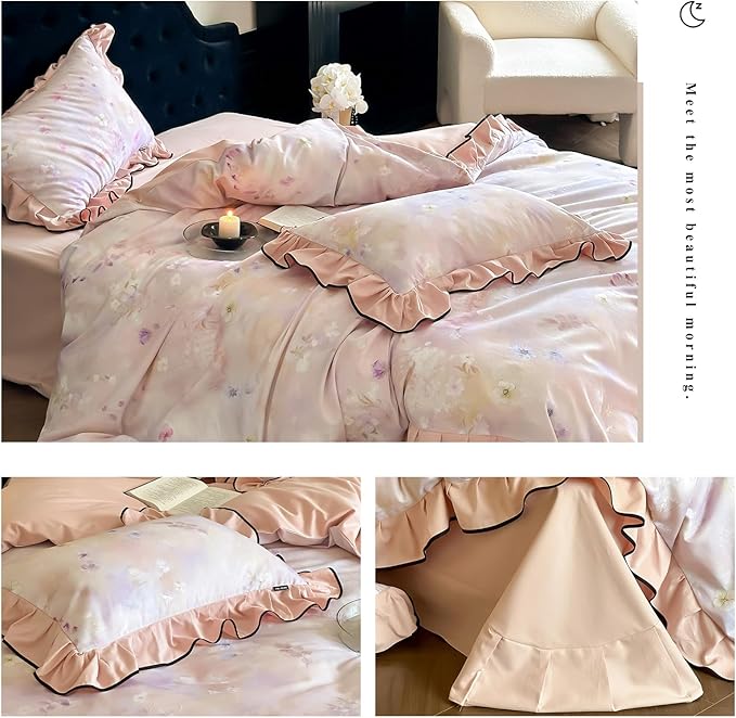 HighBuy Pink Ruffle Duvet Cover Set King Chic Brushed Cotton Floral Bedding Set,Vintage Ruffled Super Soft Comforter Cover,Comfortable Chic Lightweight - 1 Duvet Cover with 2 Pillowcase