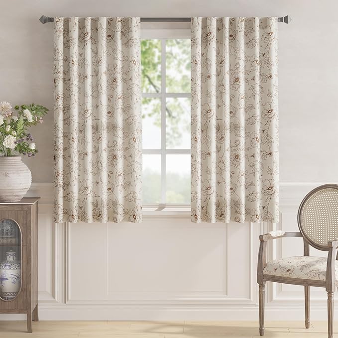 jinchan Floral Linen Curtains for Living Room 63 Inch Length Brown Flower Curtain Rod Pocket Back Tab Farmhouse Curtains with Printed Floral Bedroom Window Curtain Set, 2 Panels Brown
