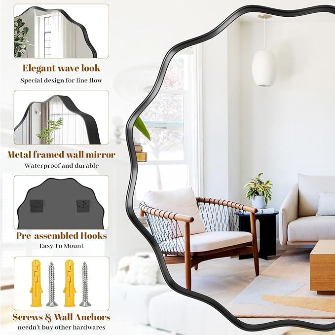 Round Wavy Mirror, 36 Inch Metal Frame Circle Mirror, Round Wall Mounted for Entryway, Bathroom, Vanity, Living Room, Black
