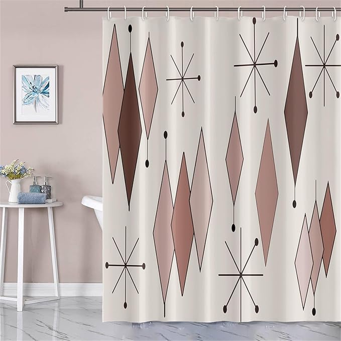 Mid Century Shower Curtain Abstract Light Brown Diamond Geometric Atomic Starburst Pattern Beige Backdrop for 1950s Retro Bathroom Decor Shower Curtain Set with 12 Hooks, 72x72 Inches