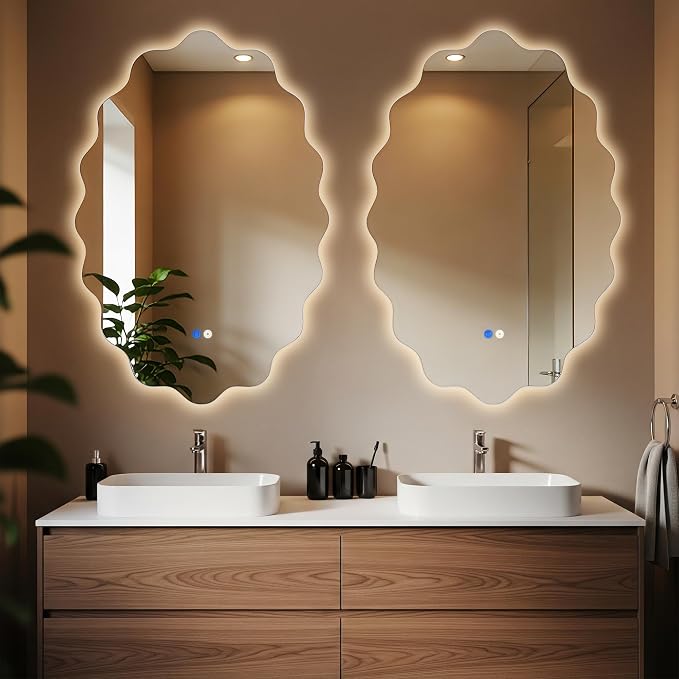 Oval Wavy Led Bathroom Mirror- Vanity Mirror with Lights IP54 Enhanced Anti-Fog,Single Piece 24"x36" 3 Colors Dimmable, Memory,Tempered Glass,UL Listed