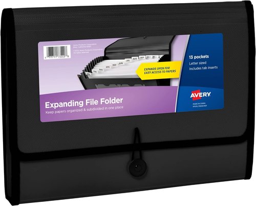 Avery Expanding File Folder Organizer - 13-Pocket Accordion Design | Black, Holds 425 Letter/A4 Sheets