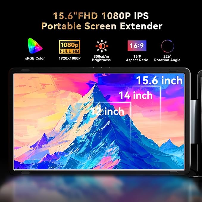 FQQ 15.6" Detachable Laptop Screen Extender, FHD 1080P IPS Dual/Triple Portable Monitor for Laptop, USB-C/HDMI Plug & Play, Multi/Extra Travel Display Computer Monitor for 12-18.5" Win/Mac/Android-S9H