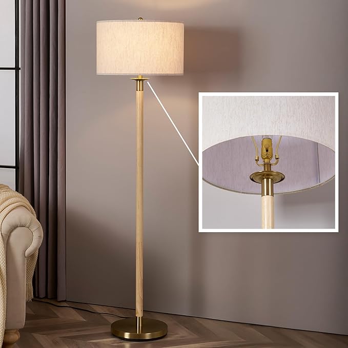 Floor Lamp, Modern Lamp with Dimmer Switch and Bulb, Mid Century Lamp with Linen Shade, Great Living Room Décor, Tall Lamp, Standing Lamp for Bedroom and Office, Natural Wood