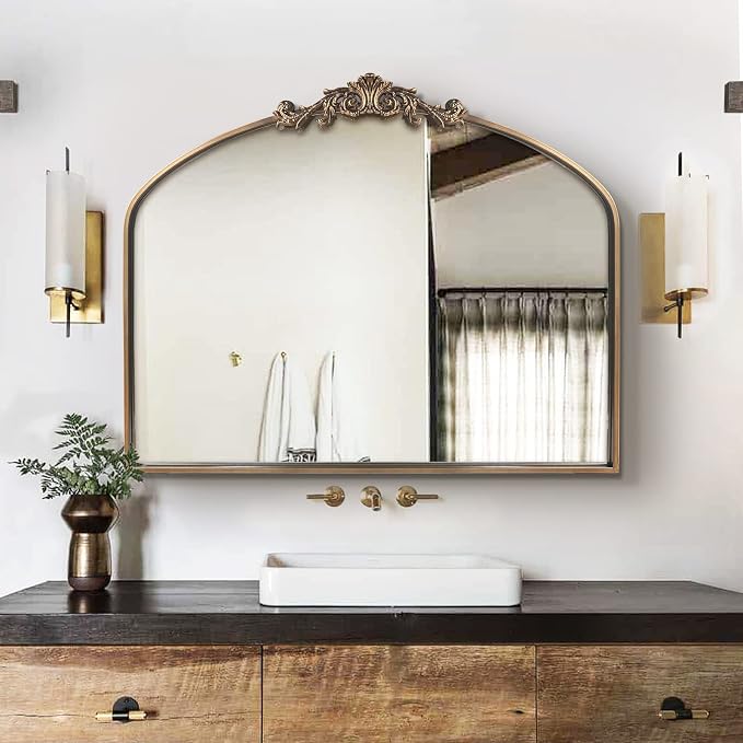 OUSHUAI Gold Arched Mirror,Baroque Brass Fireplace Mirror Decor, Victorian Vintage Mirrors with Full Matel Frame,Ornate Mirrors for Entryway/Bathroom/Living Room/Hallway 36"X30"