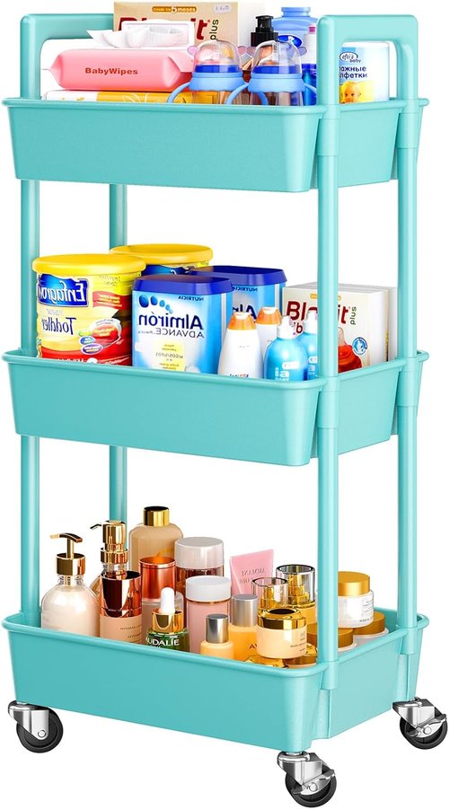 Pipishell 3-Tier Rolling Cart Organizer - Lightweight Utility Storage with Lockable Wheels | Turquoise